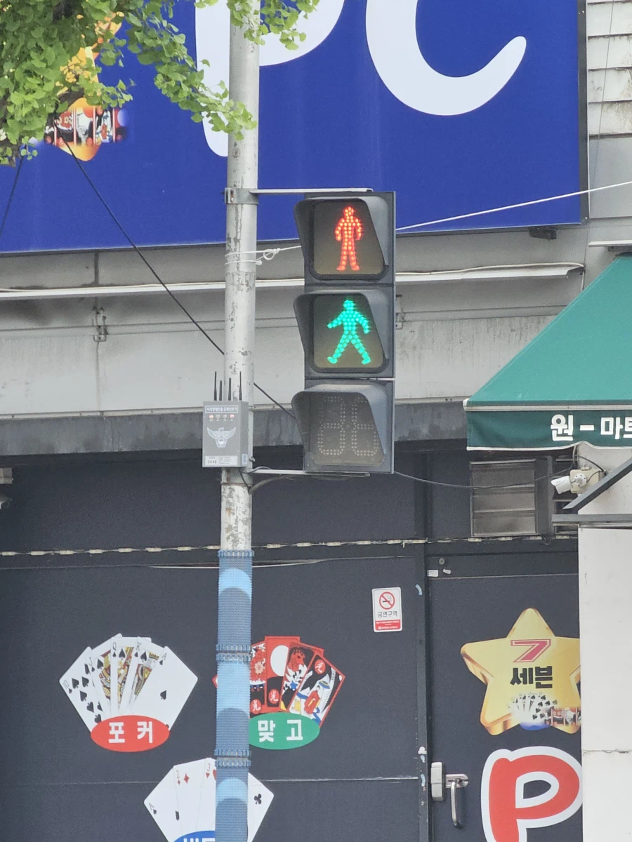 빨간불과 초록불이 동시에 켜진 보행자 신호등